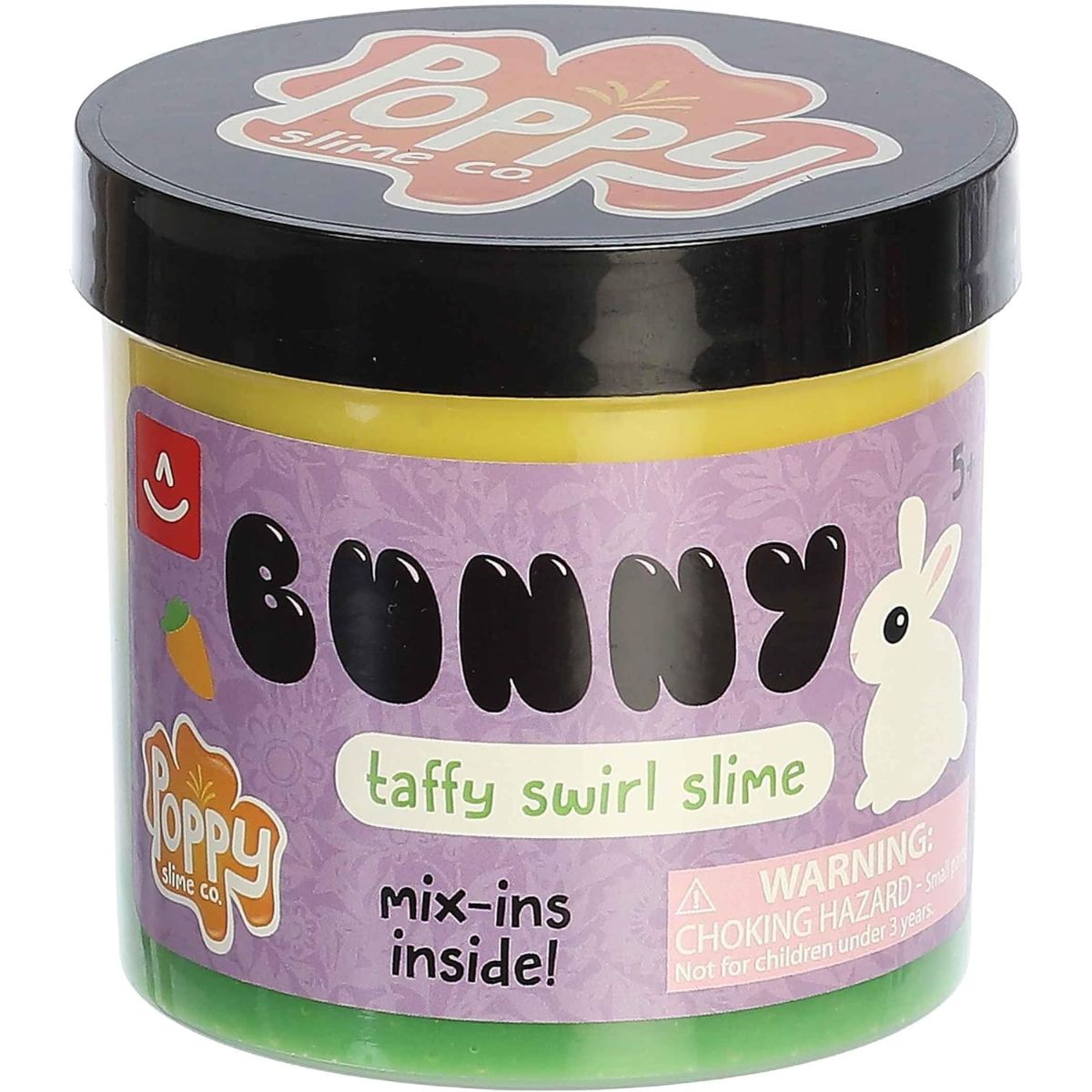 Sealed clear jar of green and yellow layered Bunny Taffy Swirl Slime showing the decorative label and black lid.