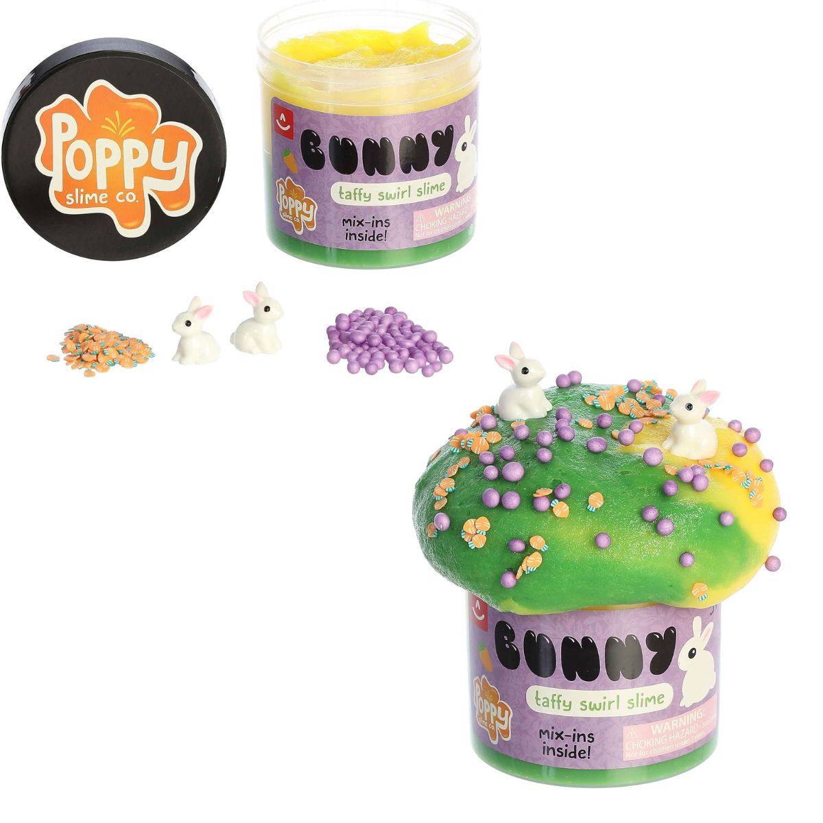 Display of the Aurora Poppy Slime Co. Bunny Taffy Swirl Slime featuring a sealed jar, separate bunny and sprinkle mix-ins, and a puffed-up green and yellow slime creation.
