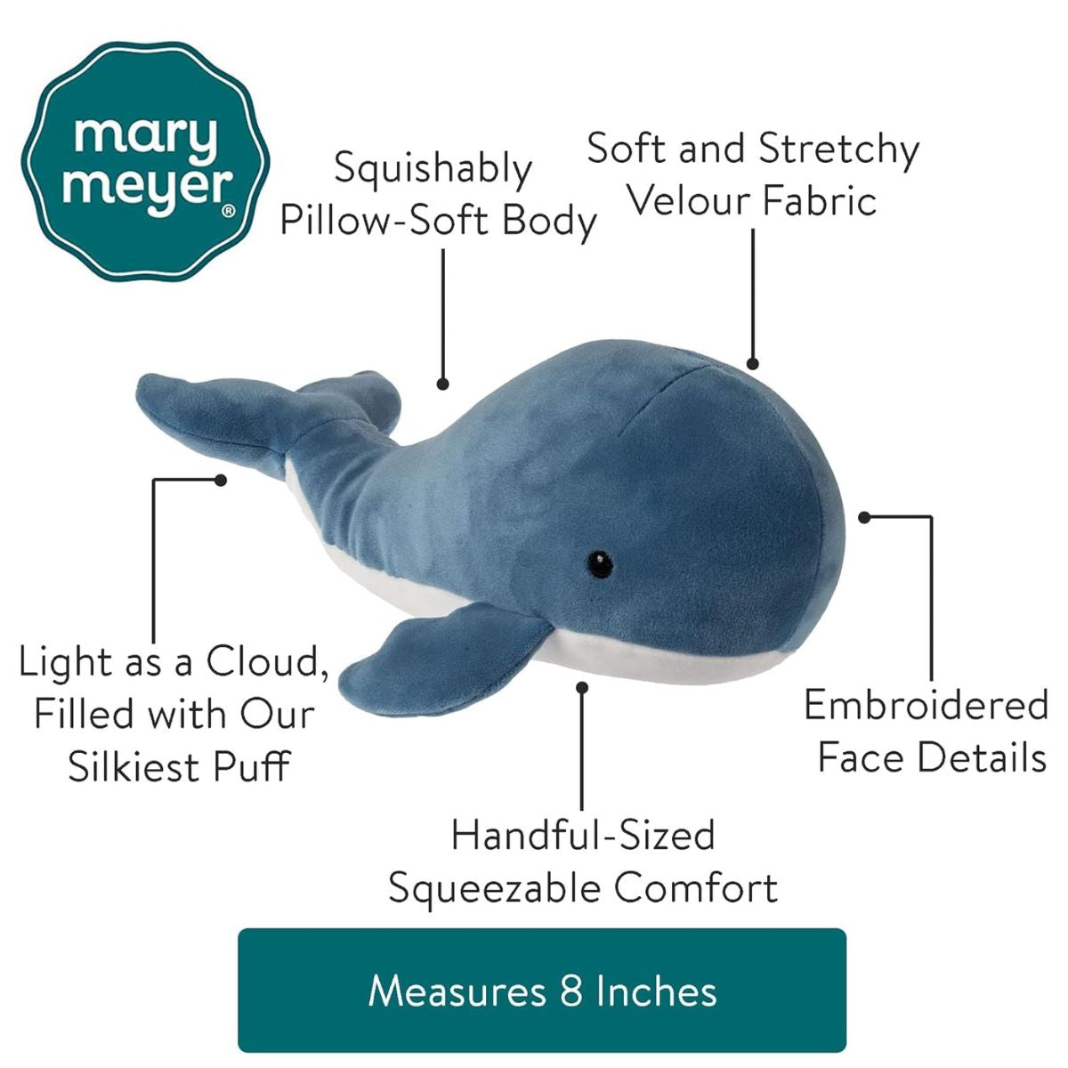 Close up of the friendly embroidered eyes and soft fabric of the blue whale plush.