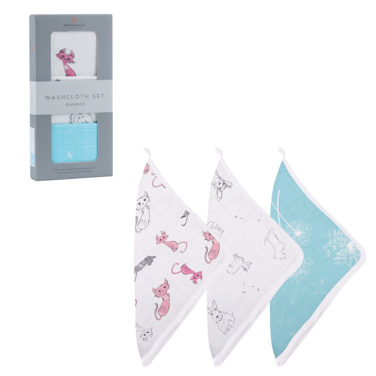 Dandelions 100% Natural Bamboo Muslin Cotton Washcloth, 3 Pack