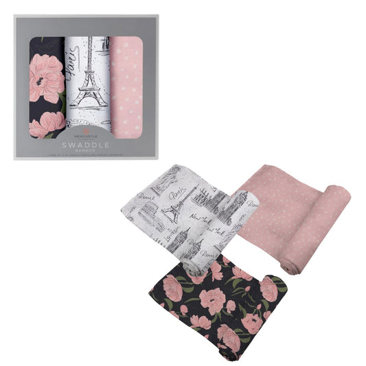 London, Paris, New York 100% Natural Cotton Muslin Swaddle Blankets, 3 Pack