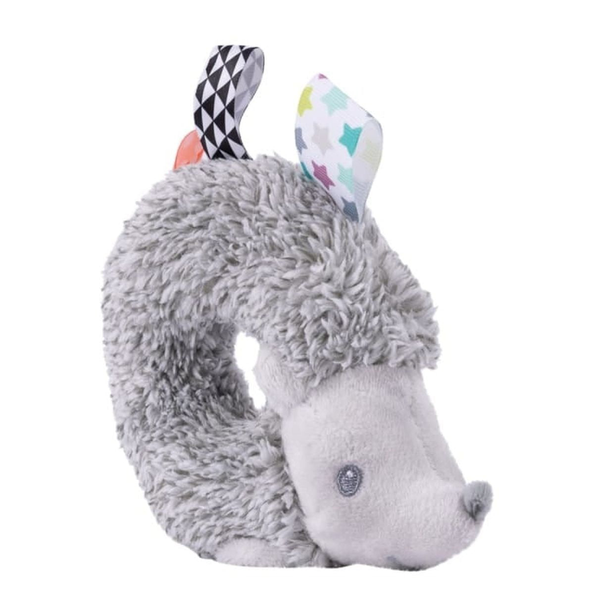 Close up of colorful silky satin loop tags on a Taggies Heather Hedgehog plush toy.