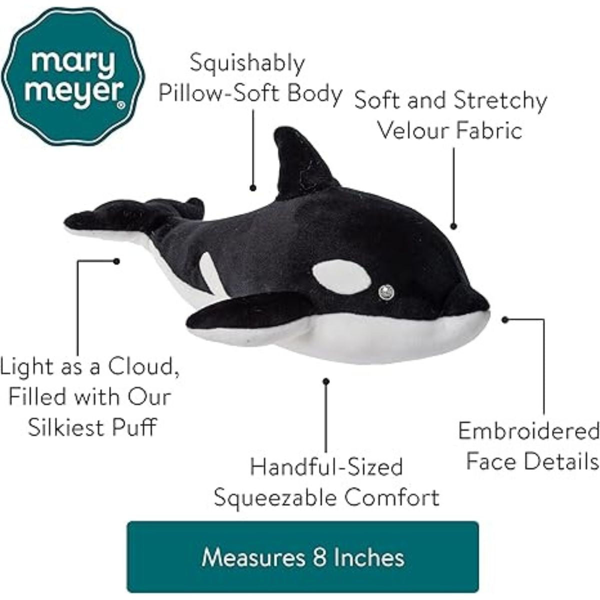 Mary Meyer Smootheez Collection 8" Inch Stuffed Animal Toy, Orca Whale