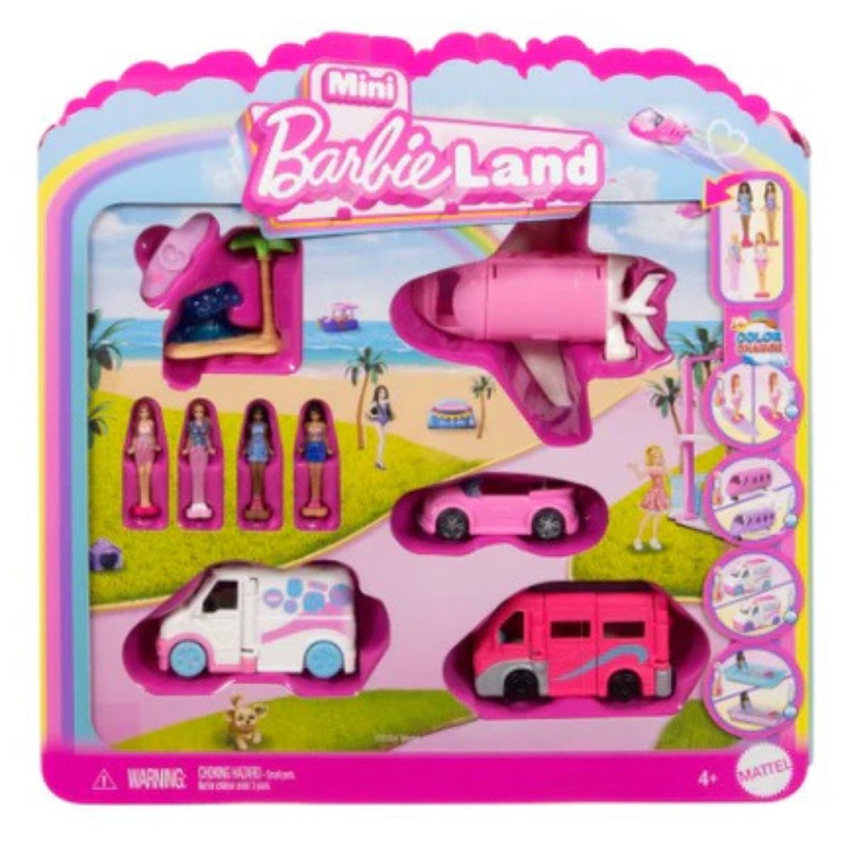 Barbie Mini Land Color Change 4-Pack 1.5" Inch Doll & Toy Vehicle Set
