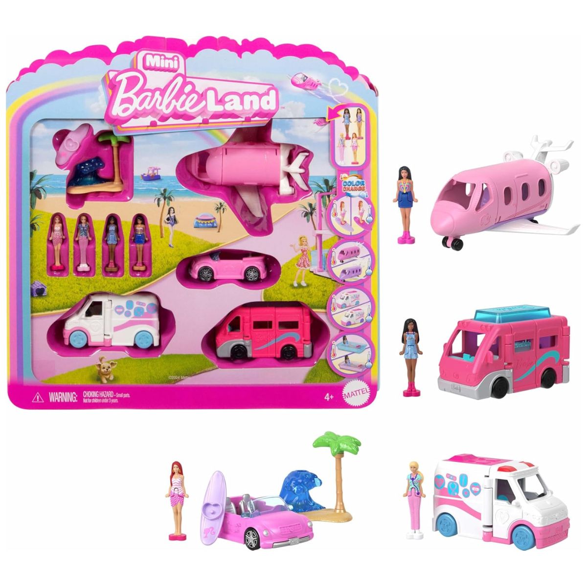 Barbie Mini Land Color Change 4-Pack 1.5" Inch Doll & Toy Vehicle Set