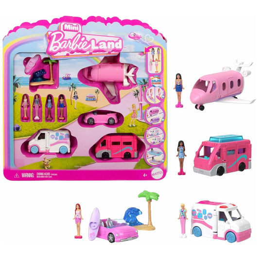 Barbie Mini Land Color Change 4-Pack 1.5" Inch Doll & Toy Vehicle Set