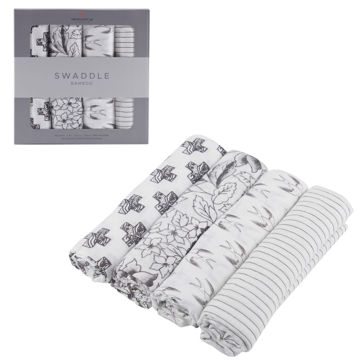 Monochrome 100% Natural Cotton Muslin Swaddle Blankets, 4 Pack