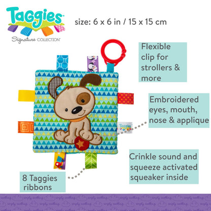 Bright patterned fabric and embroidered puppy face on the Taggies activity toy.