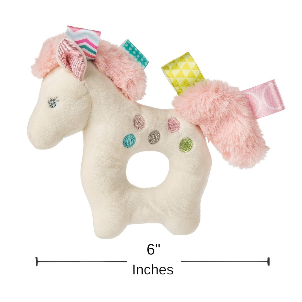 Small 5-inch Painted Pony ring rattle sized for newborn and infant hands to grip and shake.