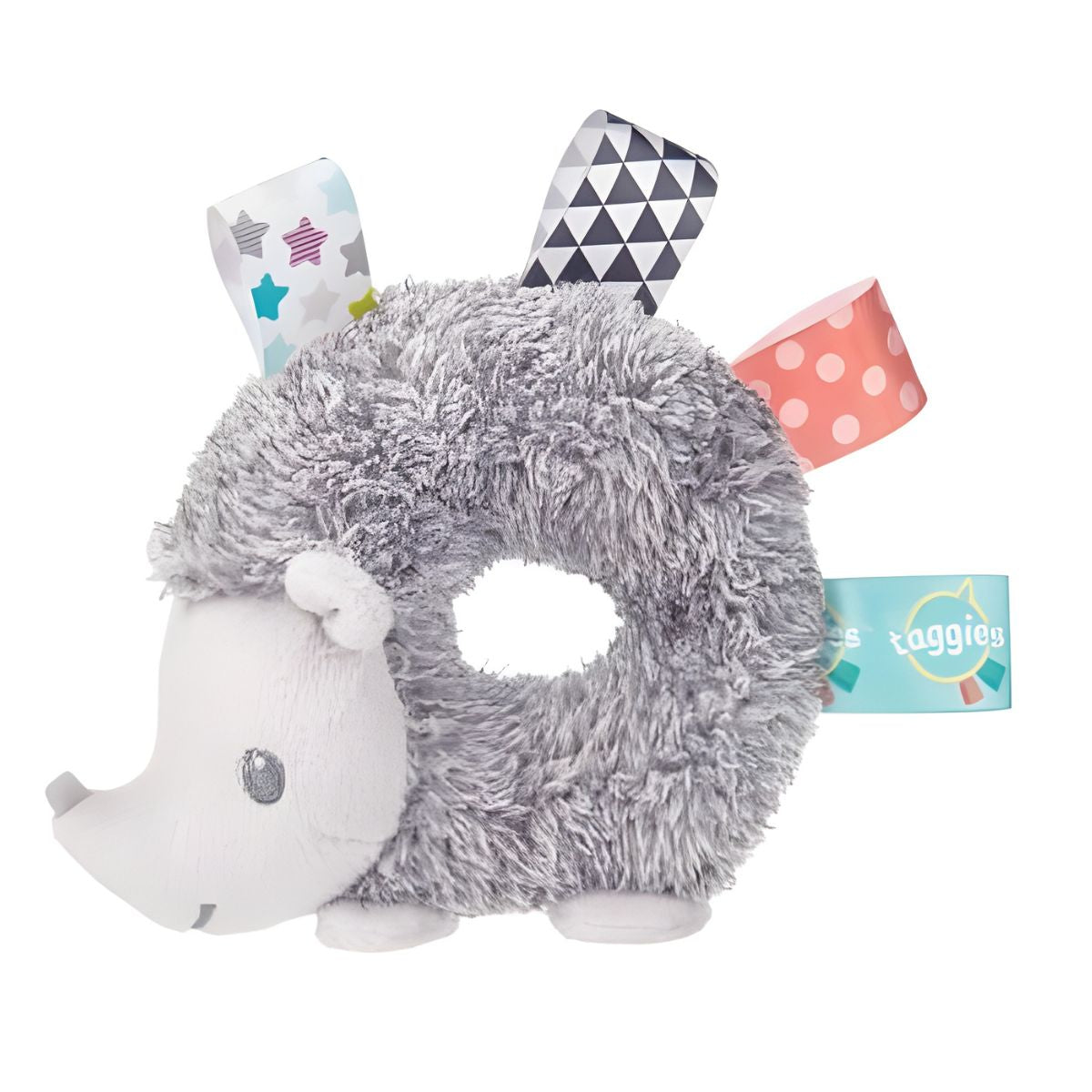 Mary Meyer Taggies Heather Hedgehog 5-inch soft baby rattle with sensory satin tags.