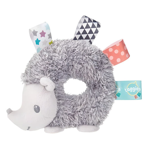 Mary Meyer Taggies 5" Inch Soft Rattle with Teether Ring and Sensory Tags, Heather Hedgehog