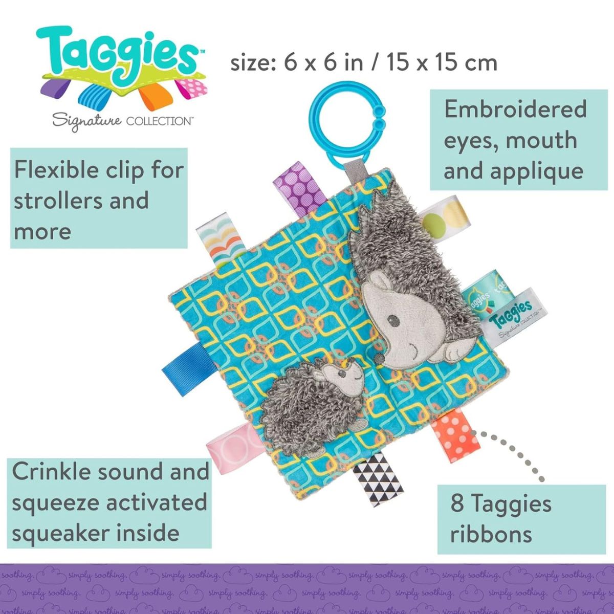 Mary Meyer Taggies 6" X 6" Inch Crinkle Me Activity Toy, Heather Hedgehog