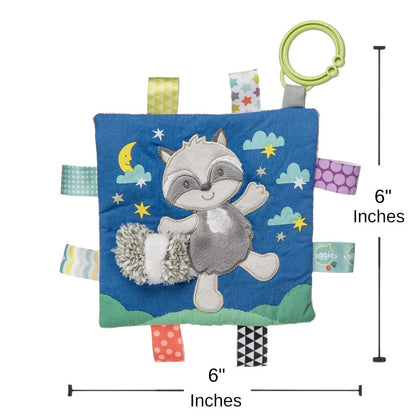 Compact 6x6 inch Raccoon Crinkle Me toy, ideal for infant tactile play and travel.