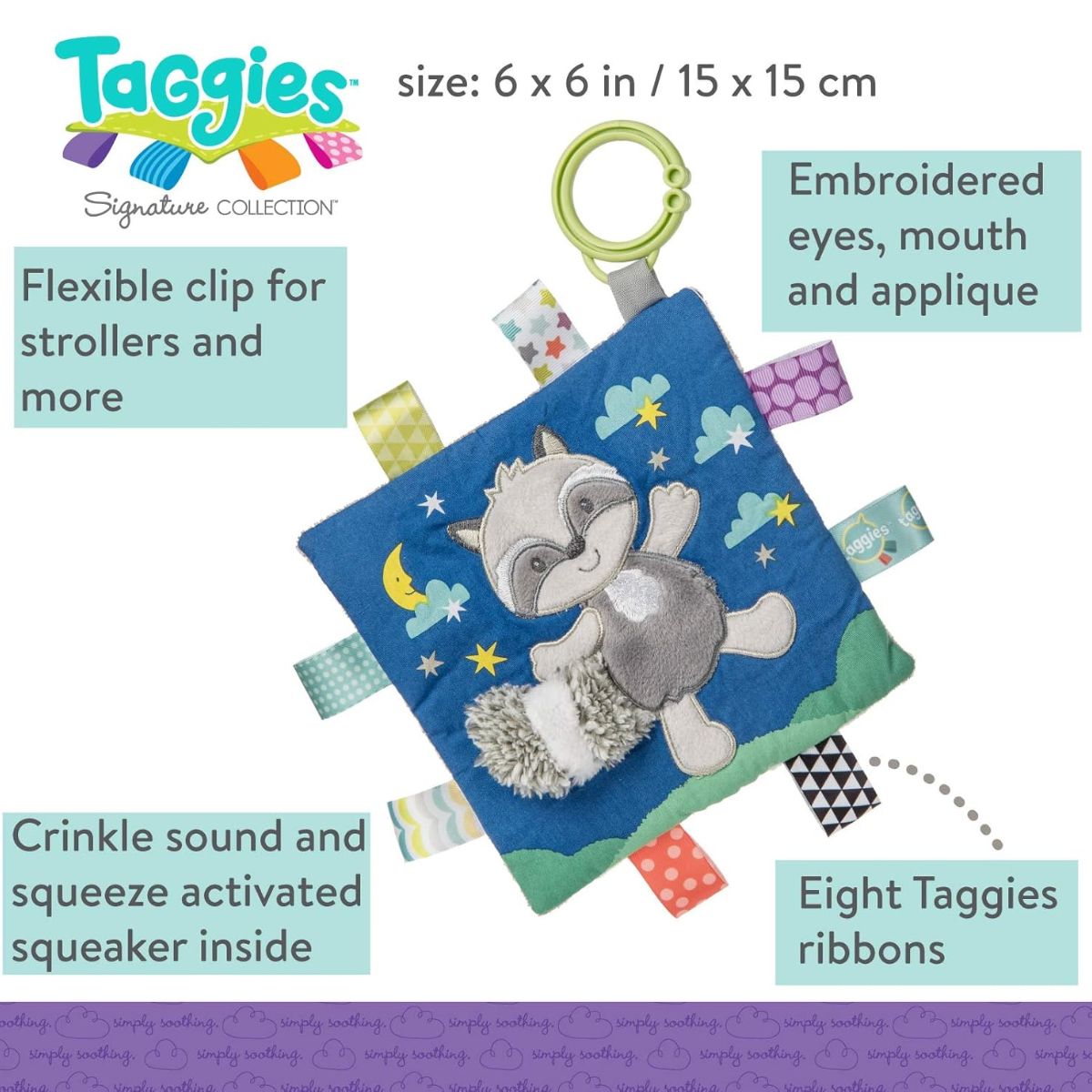 Mary Meyer Taggies 6" X 6" Inch Crinkle Me Activity Toy, Raccoon Lovey