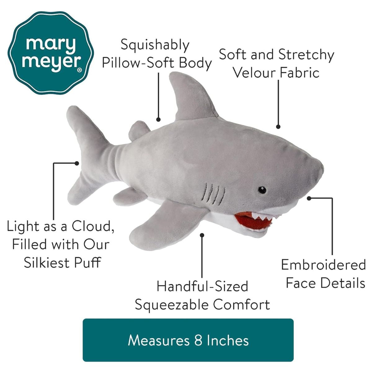Mary Meyer Smootheez Collection 8" Inch Stuffed Animal Toy, Shark