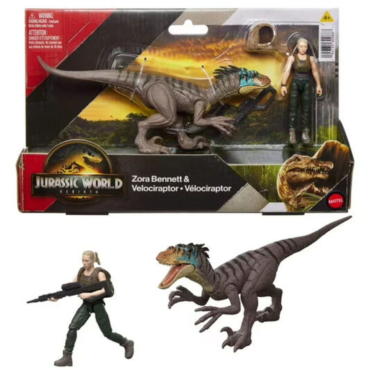 Jurassic World Rebirth Zora Bennett 3.75" Inch Action Figure & Velociraptor 7" Inch Dinosaur Figure