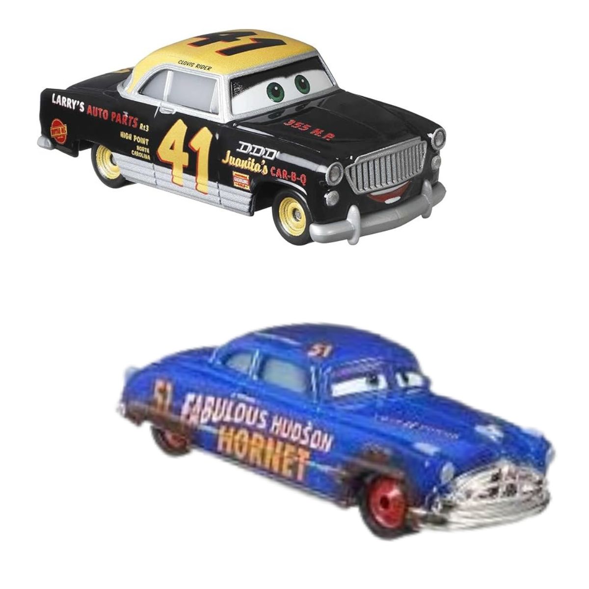 Disney Pixar Cars Scale 1:55 2 Pack Die-Cast Car Vehicle, Dirt Track Fabulous Hudson Hornet & Clovis Rider