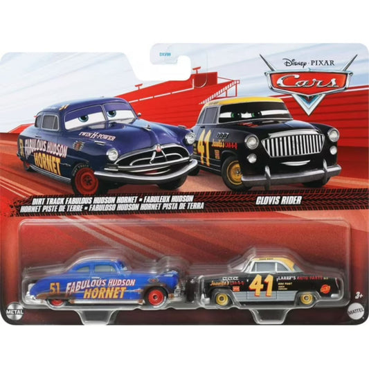 Disney Pixar Cars Scale 1:55 2 Pack Die-Cast Car Vehicle, Dirt Track Fabulous Hudson Hornet & Clovis Rider