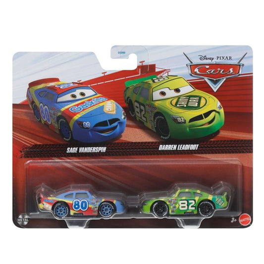 Disney Pixar Cars Scale 1:55 2 Pack Die-Cast Car Vehicle, Sage Vanderspin & Darren Leadfoot