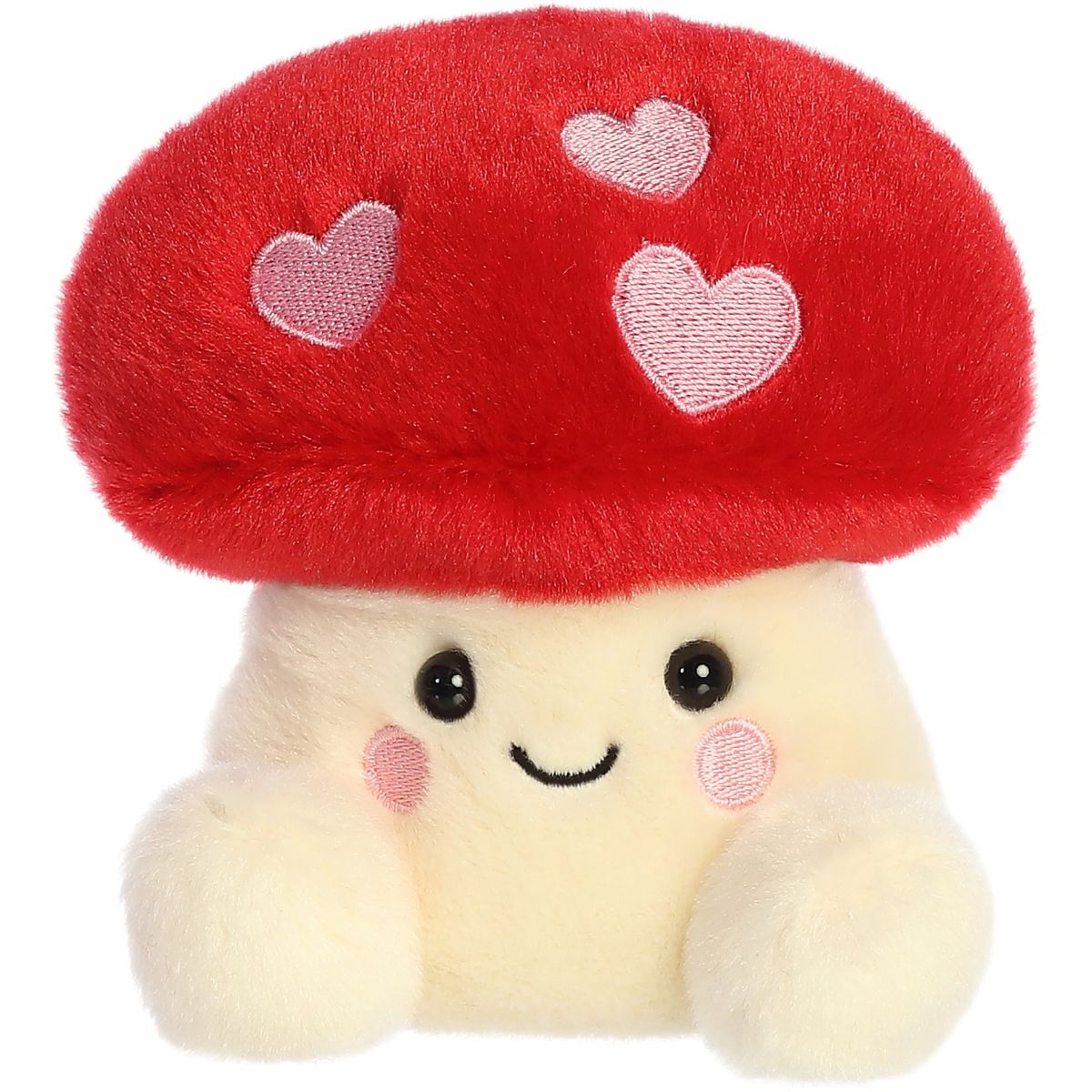 A plush toy resembling a heart-shaped mushroom with a vibrant red cap and pink hearts, and a soft, creamy white body.