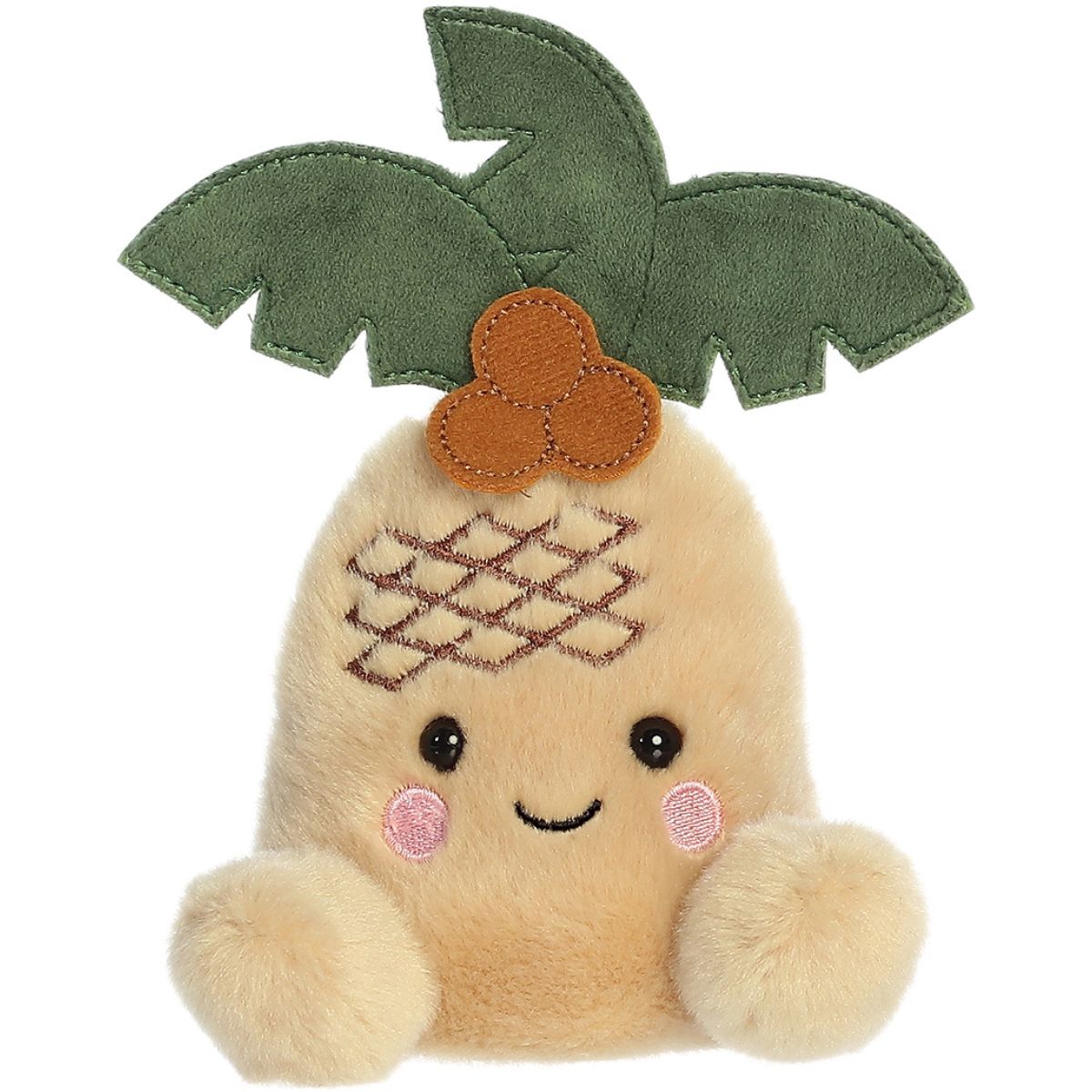 A plush toy resembling a palm tree with a smiling face, green palm fronds, and orange accents on the fronds.