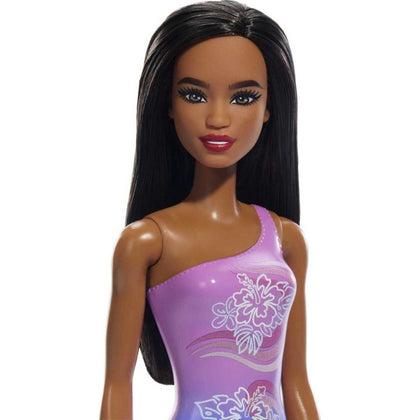 Beach Barbie Doll with Dark Brown Hair Wearing Purple Floral-Print Swimsuit