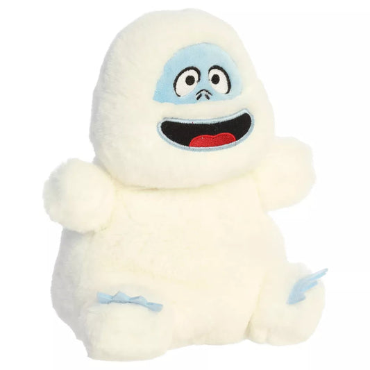 Three-quarter angled view of Aurora Bumble plush showing wide red mouth, blue face, and light blue foot claws.