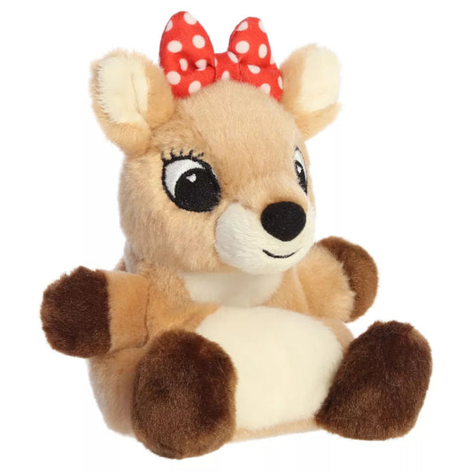 Three-quarter angled seated view of Aurora Clarice 5-inch plush showing cream belly, red bow, and black nose.