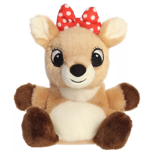 Front seated view of Aurora Clarice Rudolph the Red-Nosed Reindeer 5-inch plush with red polka dot bow and dark brown hooves.
