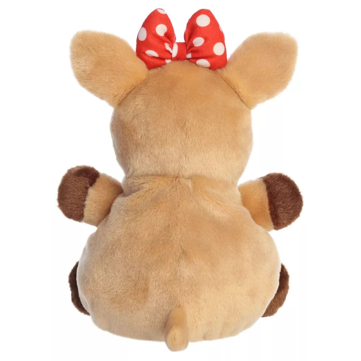 Back view of Aurora Clarice 8-inch plush highlighting fawn-tan fur, perked ears, red bow, and small deer tail.