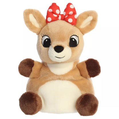 Front seated view of Aurora Clarice Rudolph the Red-Nosed Reindeer 8-inch plush with red polka dot bow and brown hooves.   