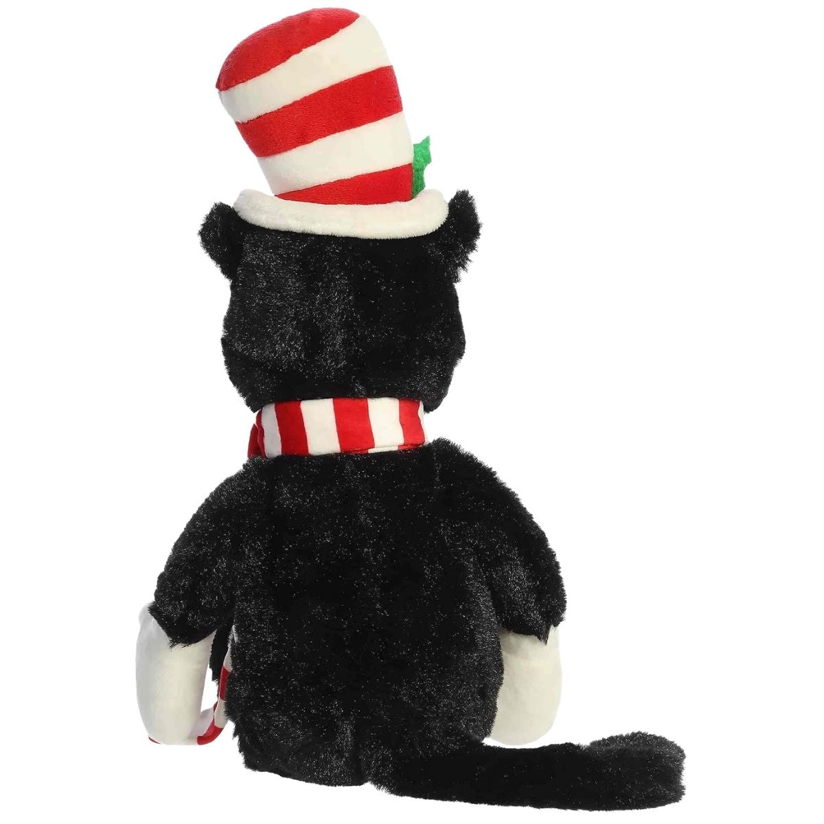 Rear view thumbnail showing the black plush back, striped hat, and long tail of Cat in the Hat Christmas plush.