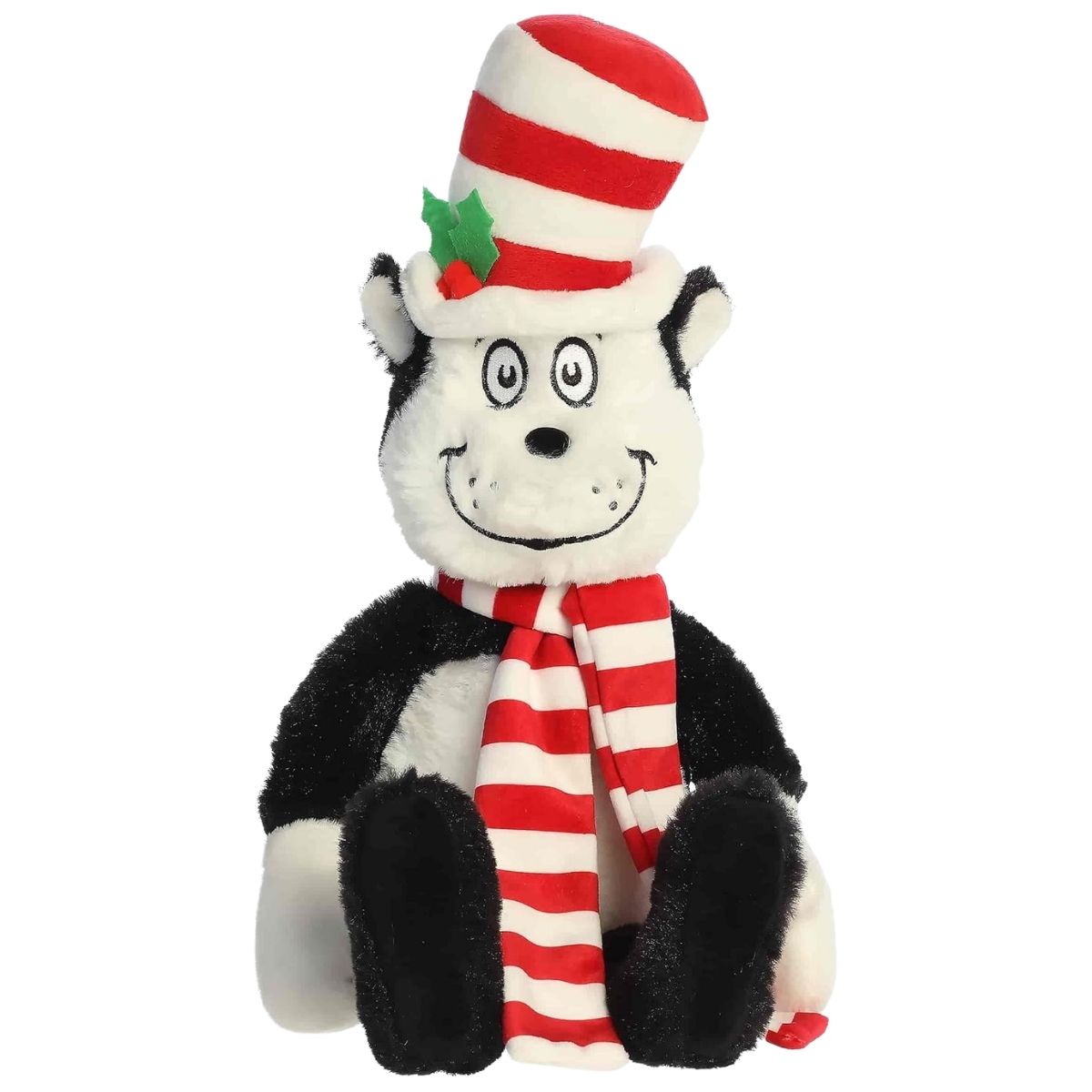 Aurora Dr. Seuss Cat in the Hat Christmas 12-inch black and white stuffed animal plush with striped hat and scarf.