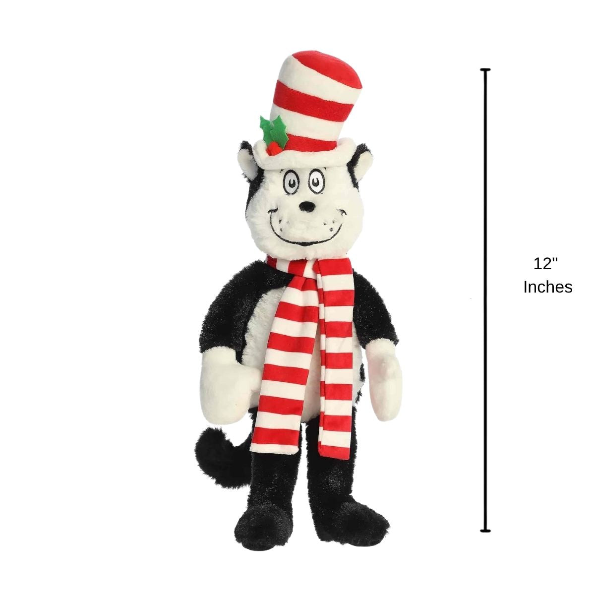 Scale thumbnail showing Cat in the Hat Christmas plush held upright next to a 12-inch height measurement graphic indicator.