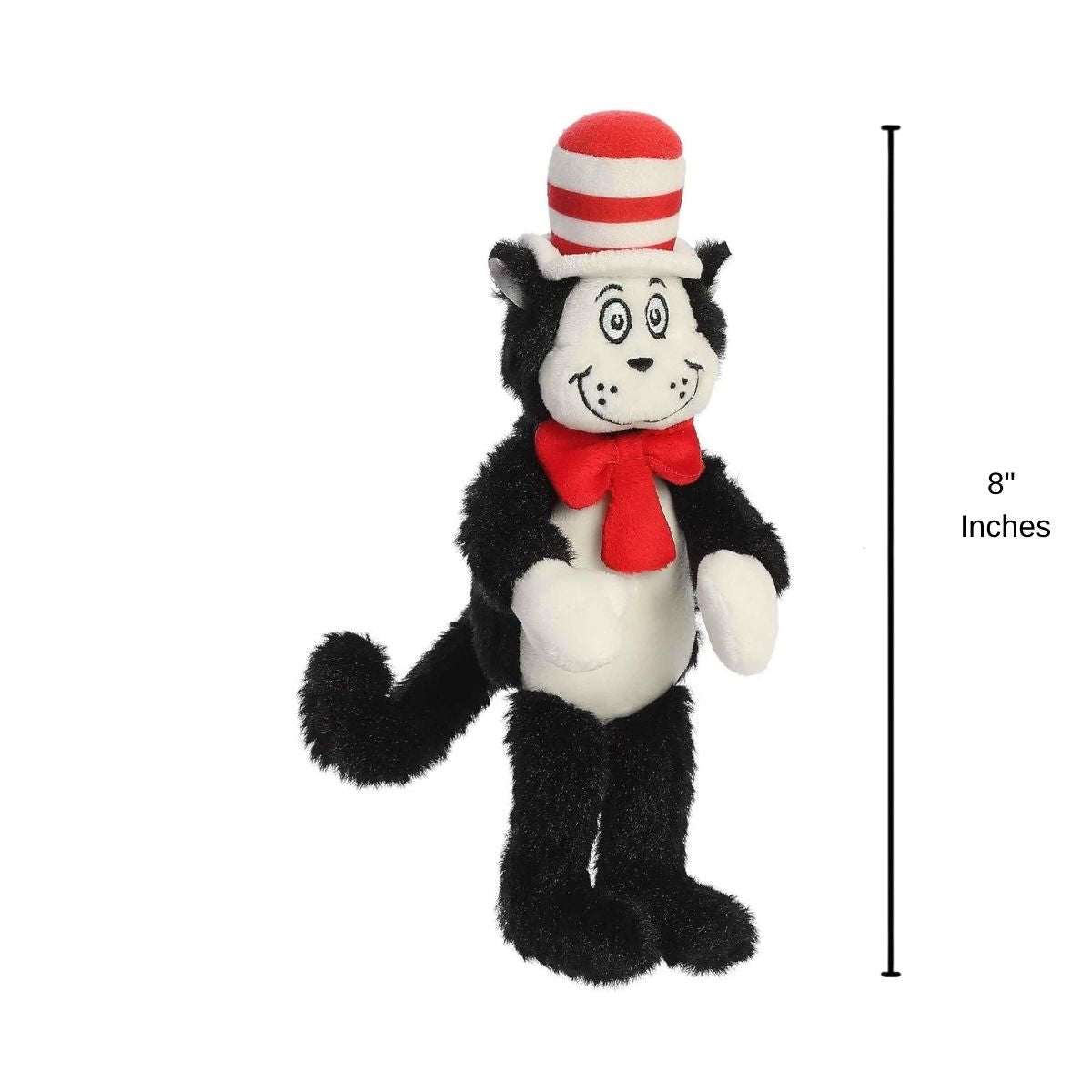 Scale thumbnail showing Mini Cat in the Hat plush standing next to an 8-inch height measurement graphic indicator.