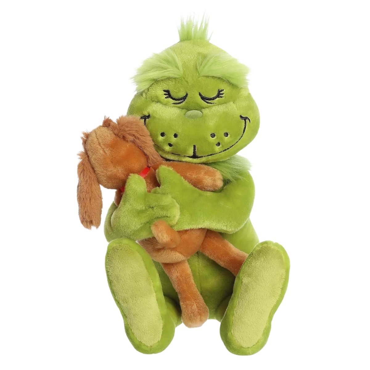 Front view thumbnail of sitting Grinch plush holding brown dog Max against his chest.