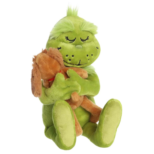 Aurora Dr. Seuss Grinch and Max Holiday Hugs 9-inch green stuffed animal plush hugging dog Max.