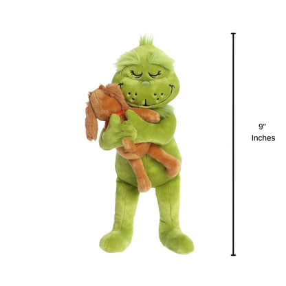 Scale thumbnail showing Grinch and Max Holiday Hugs plush next to a 9-inch height measurement graphic indicator.