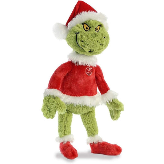 Aurora Dr. Seuss Grinch Santa 17-inch plush toy standing in red Santa coat with white fluffy trim, hat, and slippers.