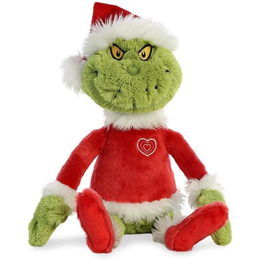 Front view thumbnail of Grinch Santa plush sitting down showcasing his smirk, embroidered heart chest detail, and red shoes.