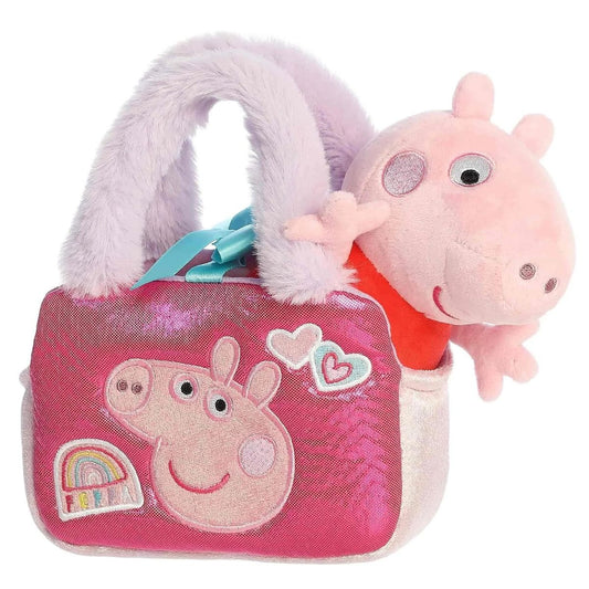 Front angle view of Peppa Pig plush tucked inside the sparkling pink Aurora Fancy Pals purse carrier.