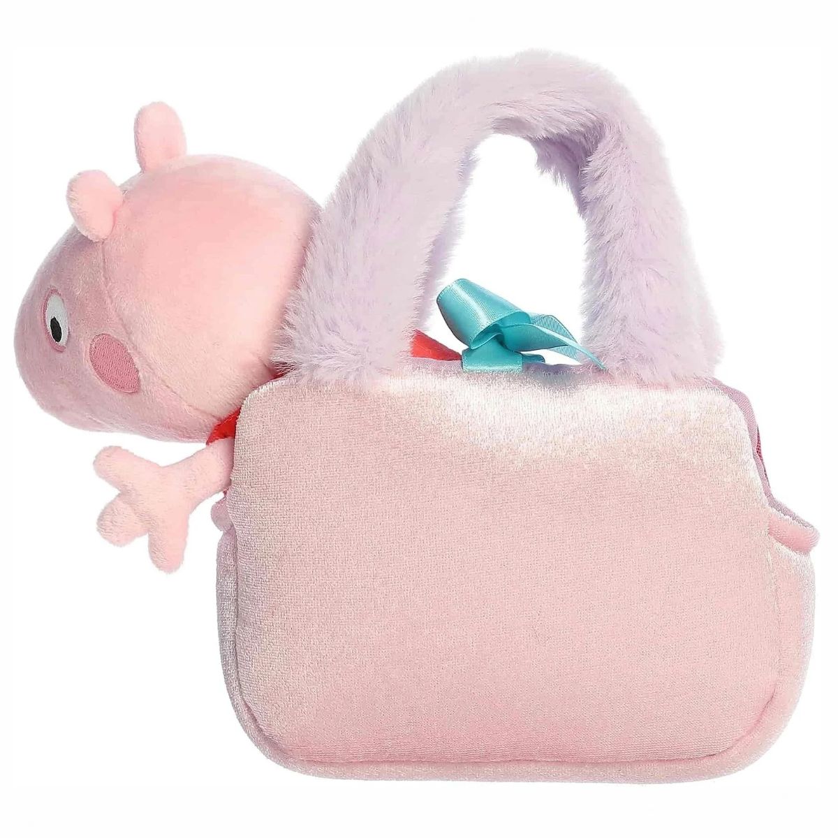 Back view of Aurora Fancy Pals plush carrier showing solid pink fabric and Peppa Pig plush inside.