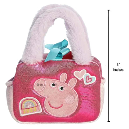 Aurora Fancy Pals Peppa Pig Patches plush purse with an 8-inch height scale measurement graphic.