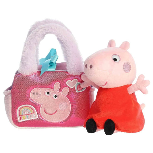 Aurora Fancy Pals Peppa Pig Patches 8-inch plush purse set showing pink glitter tote with patches beside seated Peppa Pig plush.