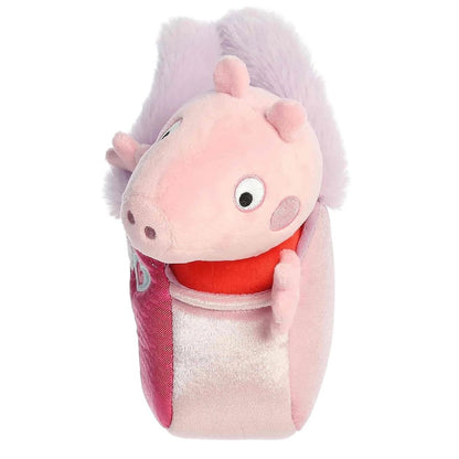 Side profile view of Peppa Pig plush head peeking out from the Aurora Fancy Pals plush carrier tote.