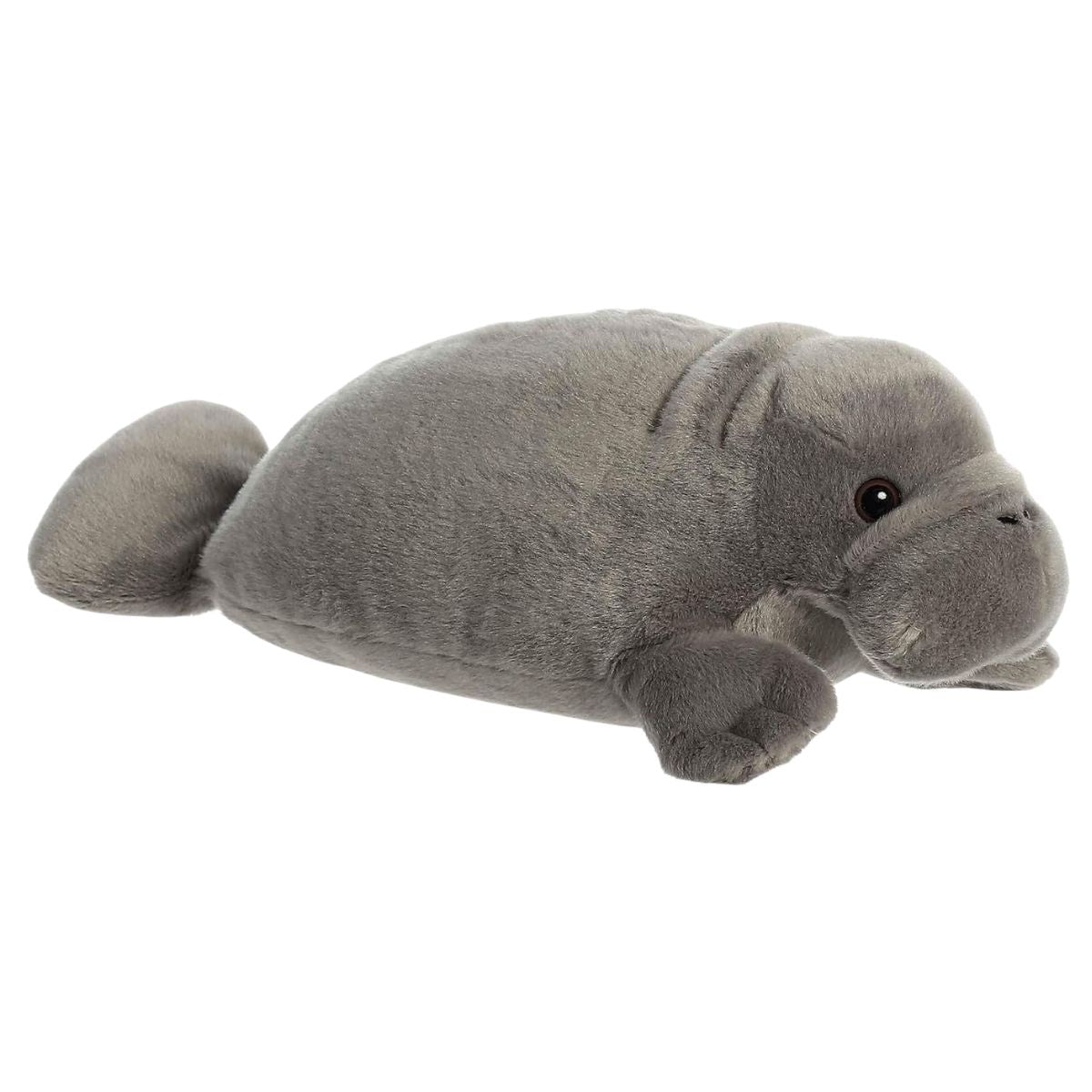 Aurora Mini Flopsie Manny the Manatee 12-inch grey stuffed animal plush laying in a resting pose.