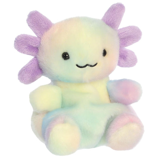 Aurora Palm Pals Aquatic Xochitl Rainbow Axolotl 5-inch pastel tie-dye stuffed animal plush with lavender gill stalks.