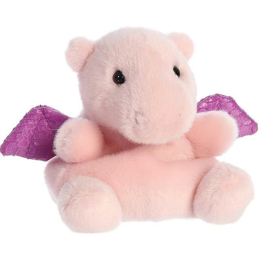 Front seated view of Aurora Palm Pals Aria Pink Dragon 5-inch stuffed animal plush with purple sparkle wings.
