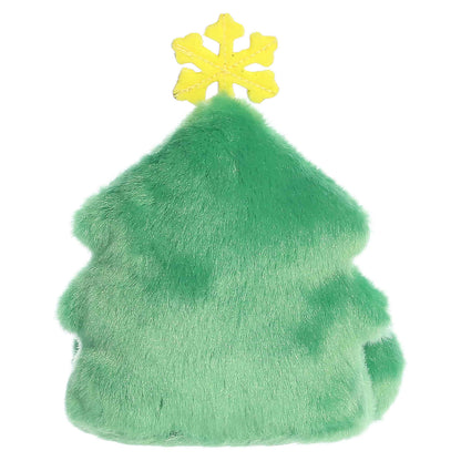 Back view of Aurora Palm Pals Balsam Christmas Tree plush showing solid green plush branches and yellow snowflake top.