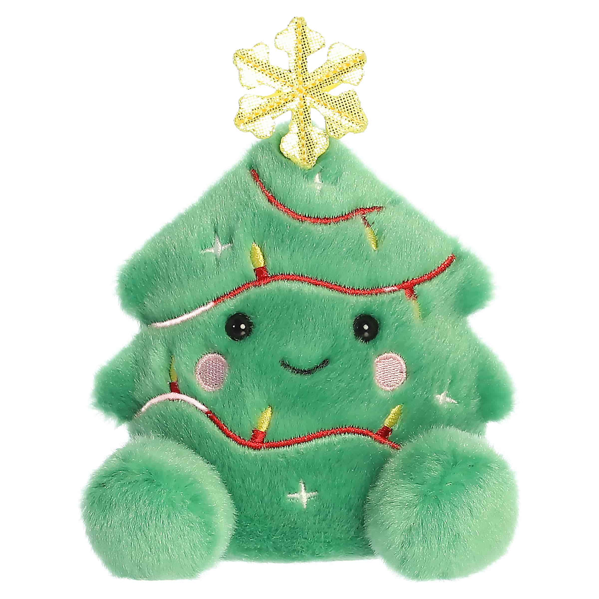 Head-on front view of Aurora Palm Pals Balsam Christmas Tree plush showing smiling face, rosy cheeks, and green feet.
